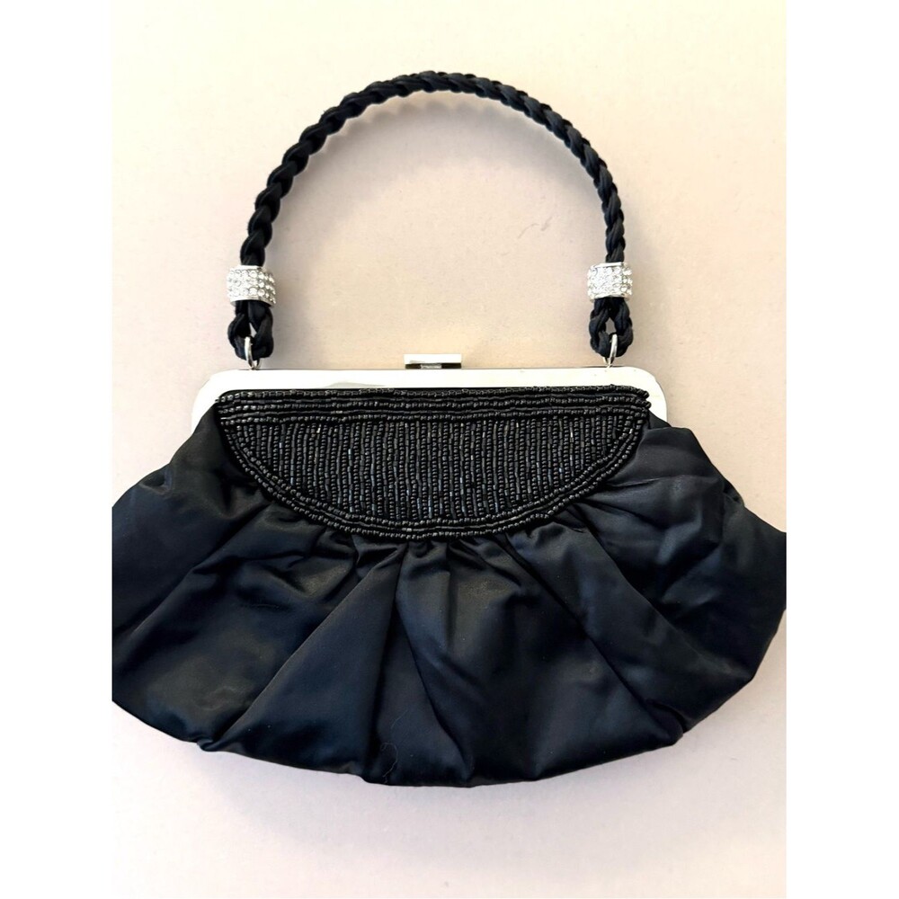 Kate Landry Black Satin Beaded Evening Clutch with Braided Handle
